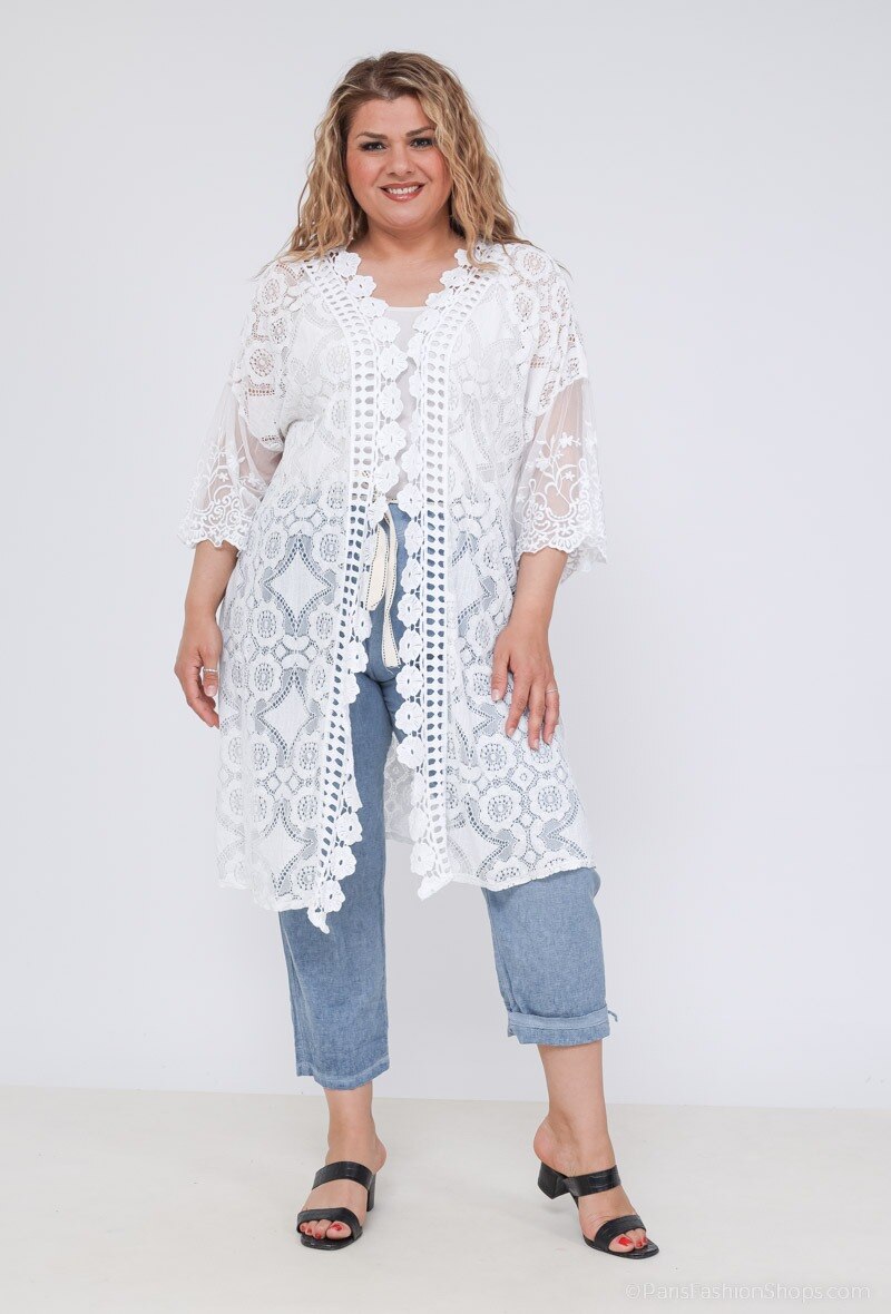 Grossiste LAURA PARIS (MKL) - Gilet ouvert / kimono mi-long en dentelle.