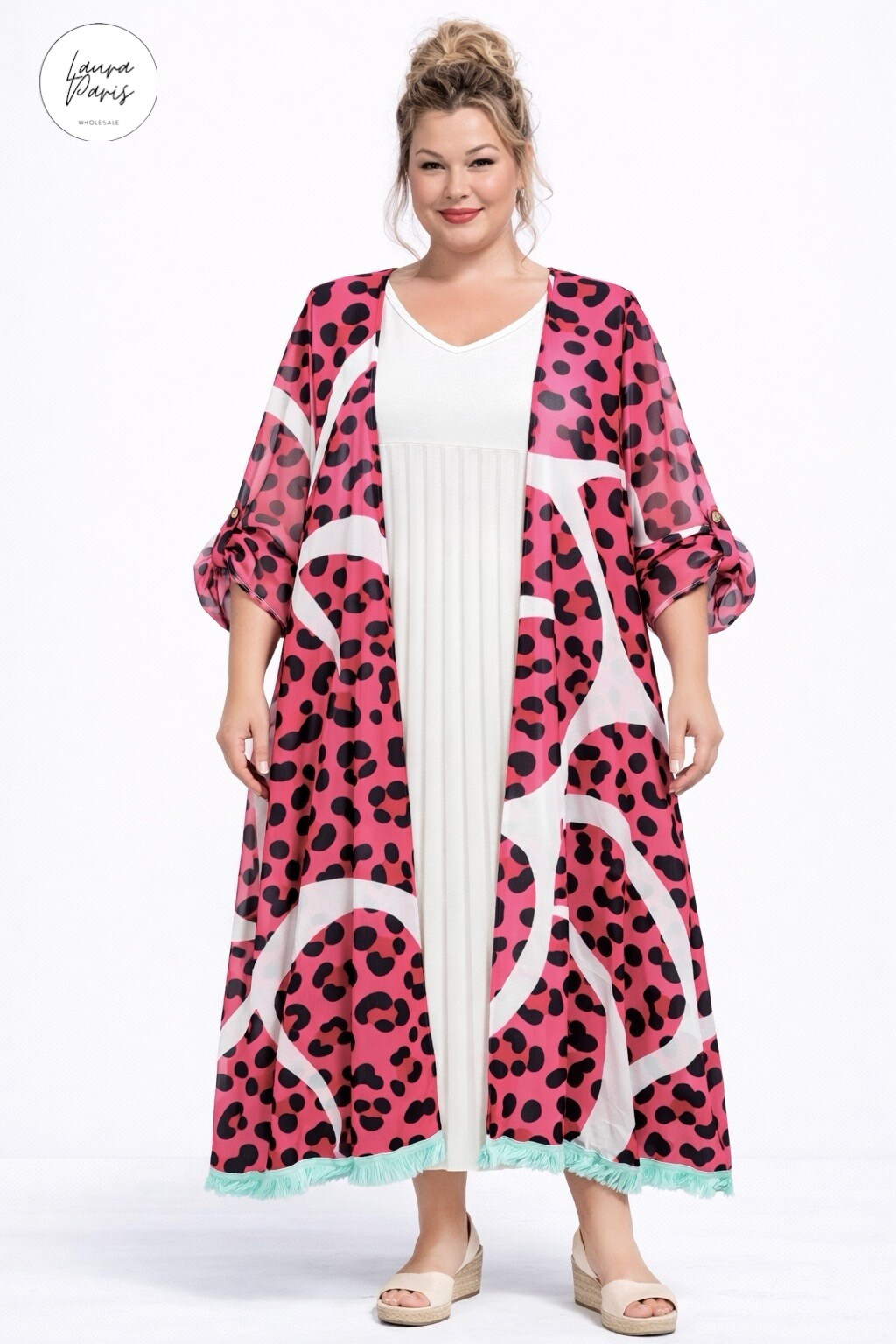 Grossista LAURA PARIS (MKL) - Cardigan lungo/kimono aperto in chiffon stampato (Taglia Unica)