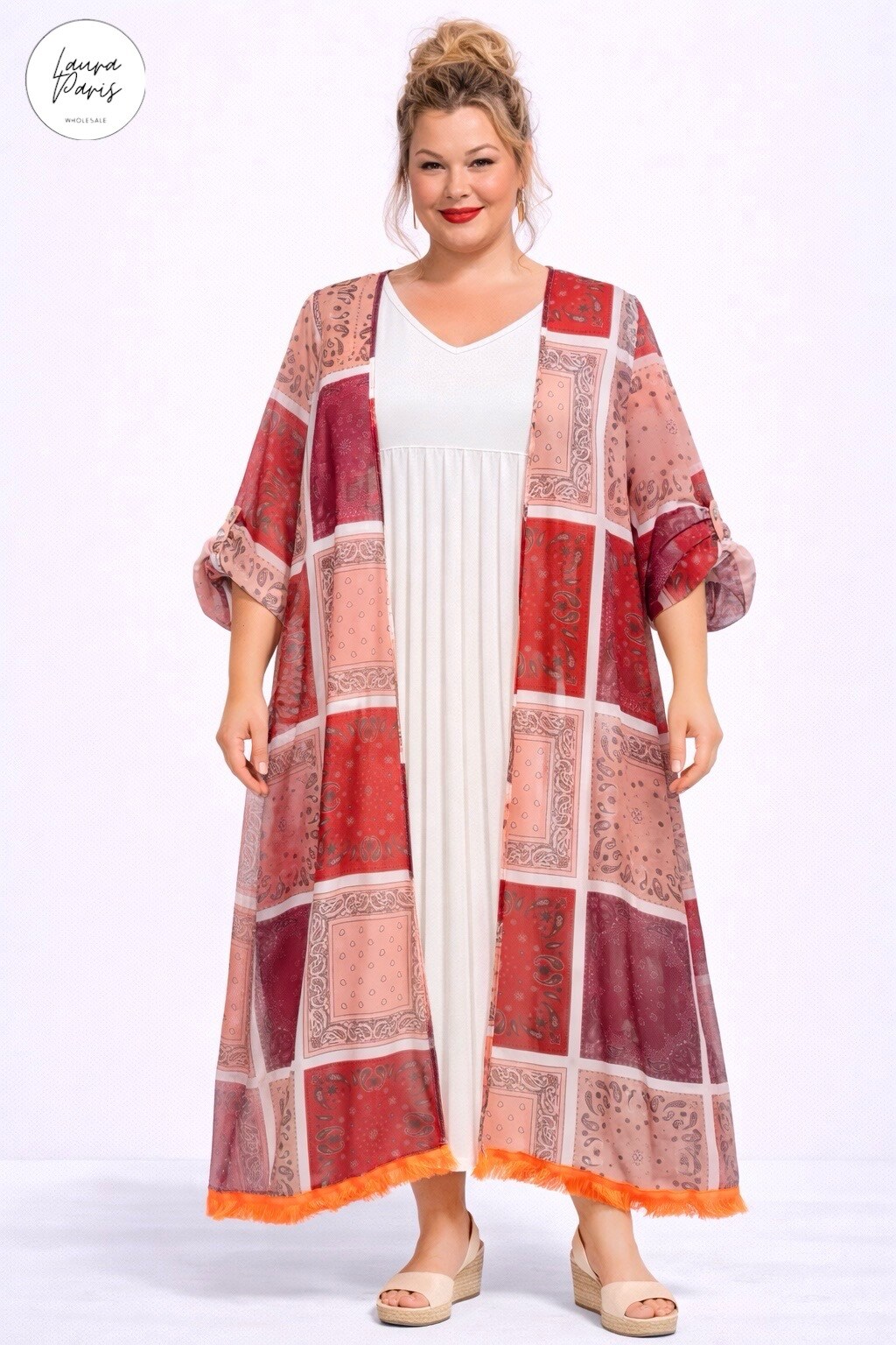 Grossista LAURA PARIS (MKL) - Cardigan lungo/kimono aperto in chiffon stampato
