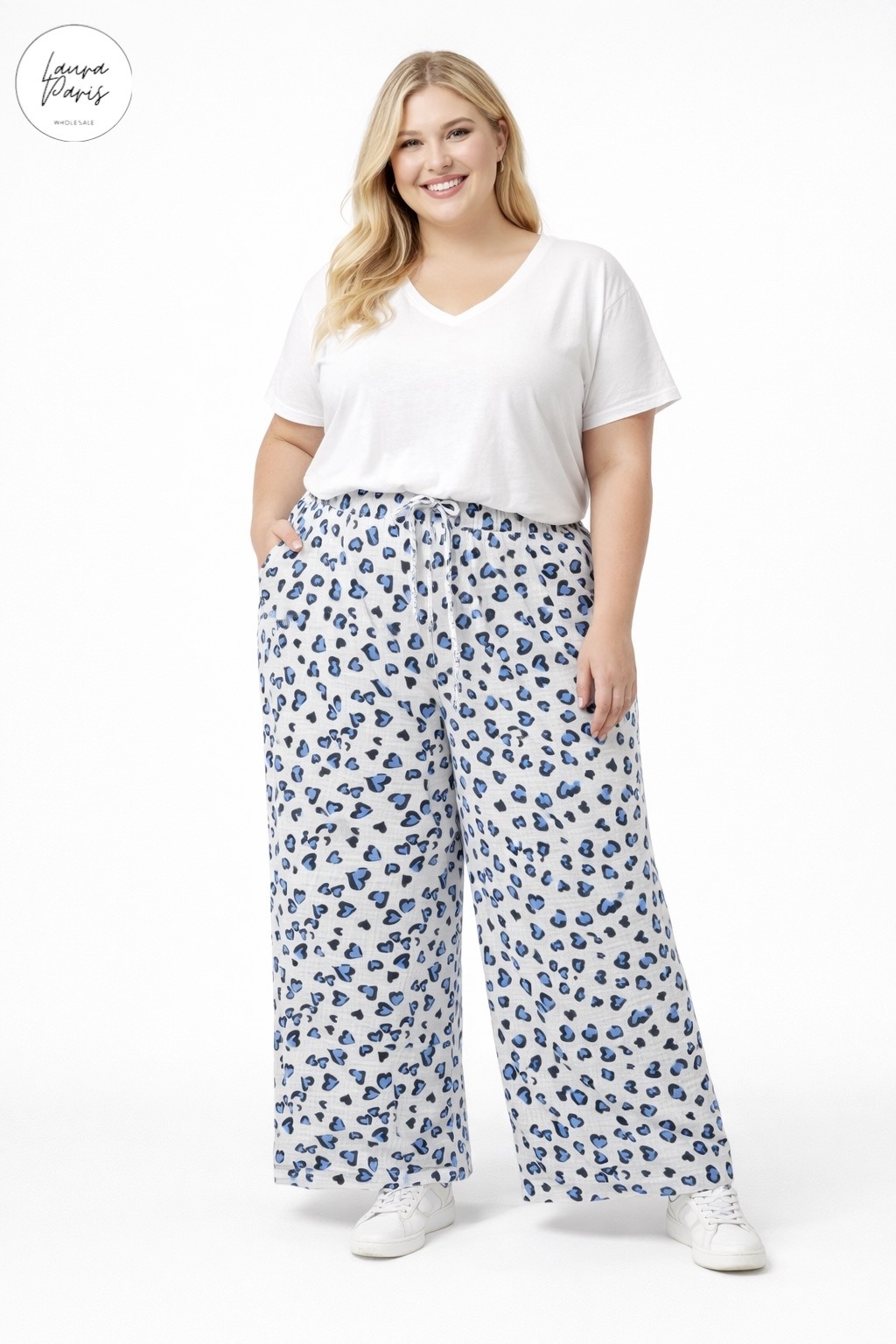 Großhändler LAURA PARIS (MKL) - Palazzo-Hose aus Baumwollgaze mit Herzmuster (Einheitsgröße)