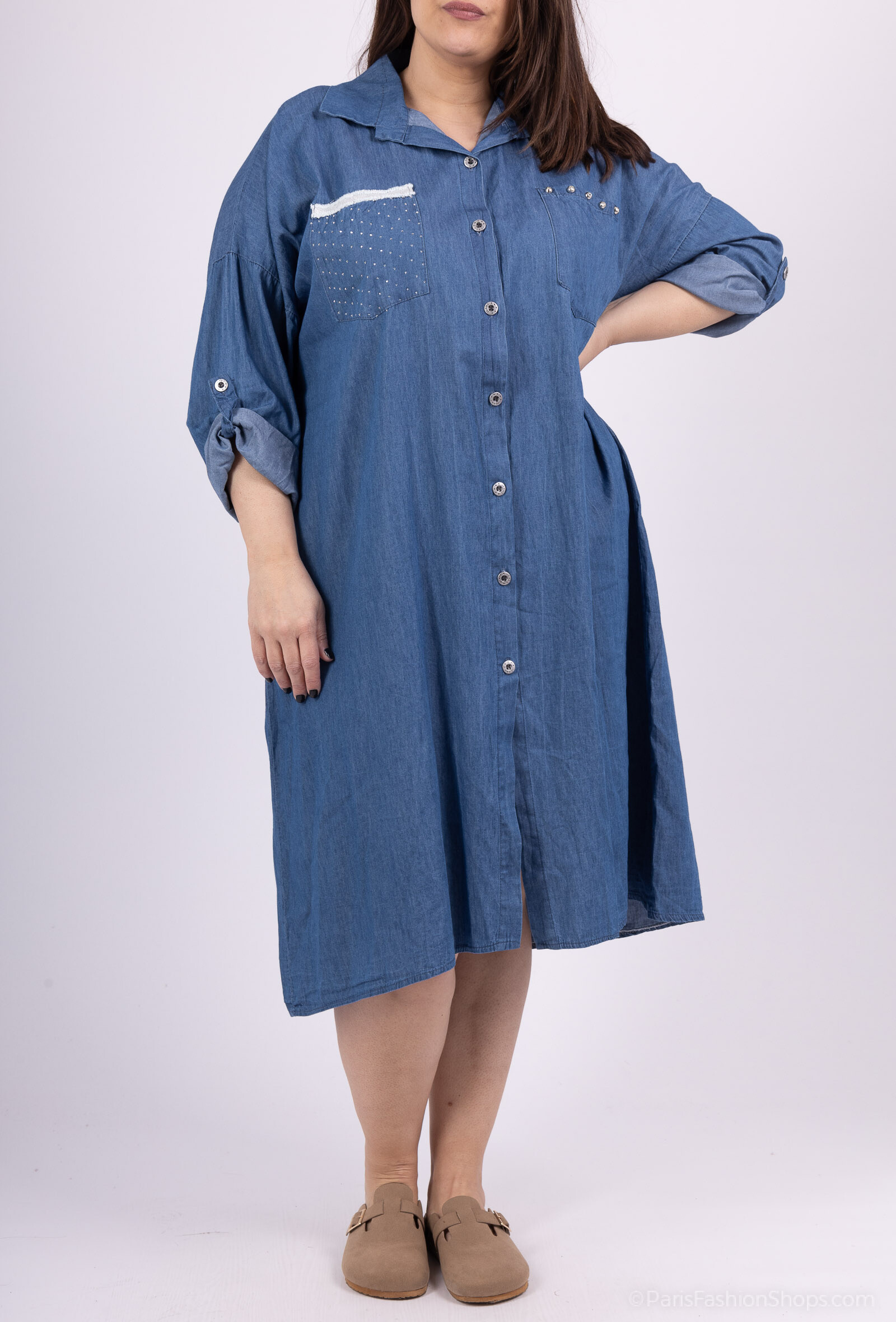 Grossista LAURA PARIS (MKL) - Abito da camicia in denim con strass