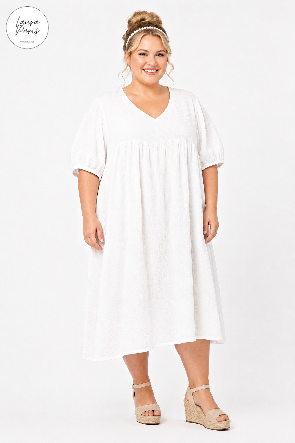 Wholesaler LAURA PARIS (MKL) - Midi dress in cotton gauze (One Size)