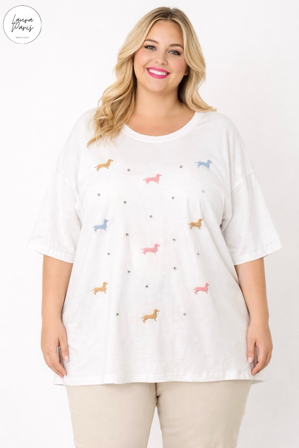 Grossiste LAURA PARIS (MKL) - Teeshirt en coton motifs petits chiens (TU)