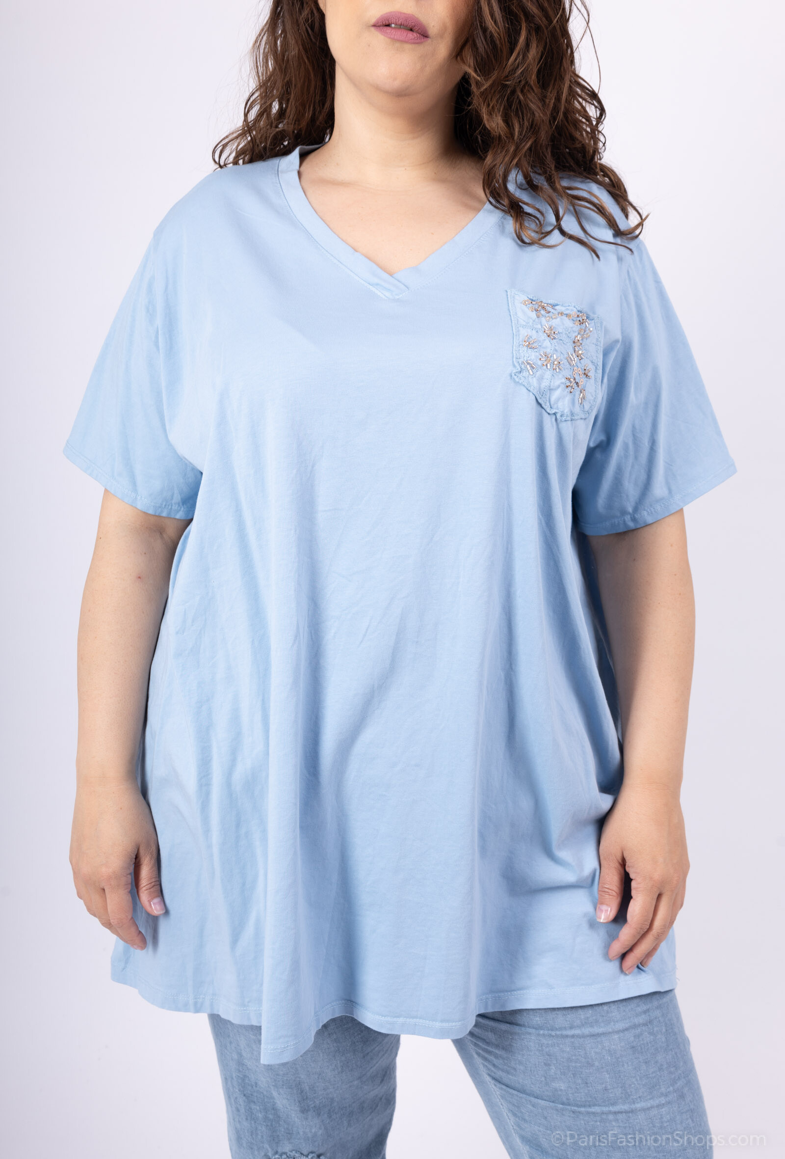 Grossista LAURA PARIS (MKL) - T-shirt in cotone extra con una tasca del seno da ricamo