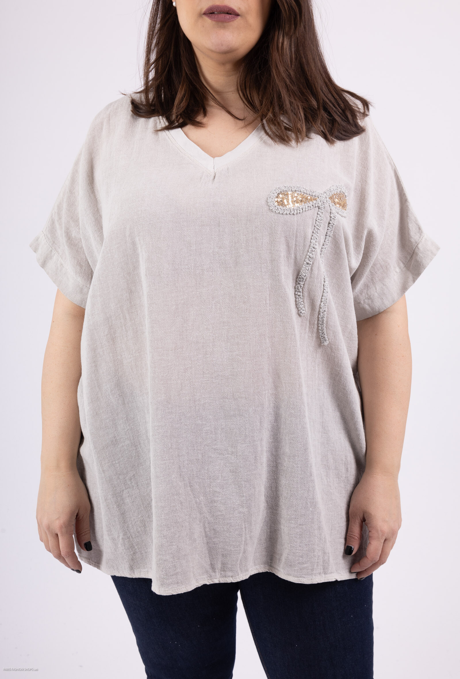 Wholesaler LAURA PARIS (MKL) - Cotton-linen V-neck tunic