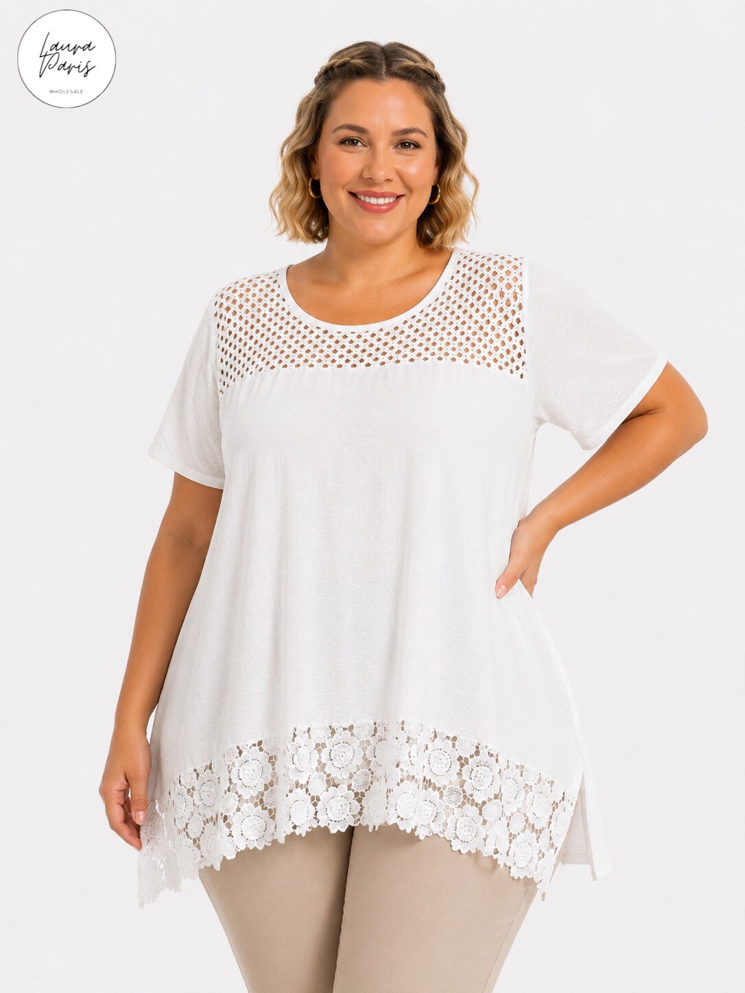 Grossista LAURA PARIS (MKL) - Blusa traforata con inserto in pizzo macramè (Taglia Unica)