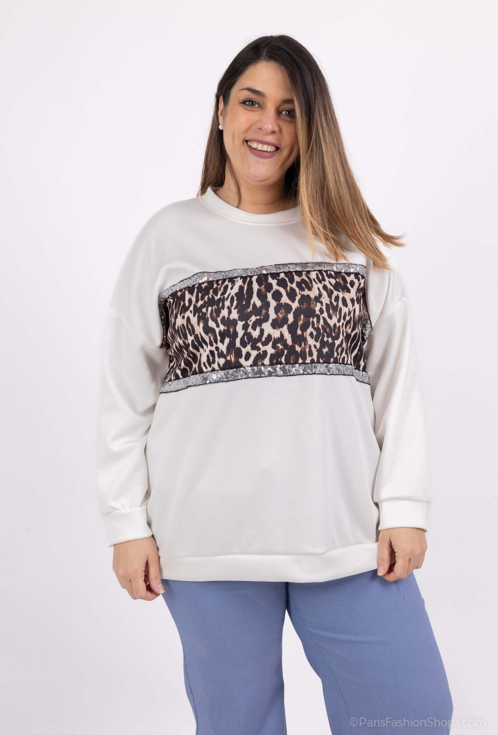 Wholesaler LAURA PARIS (MKL) - Round neck bicolor/ leopard print sweatshirt