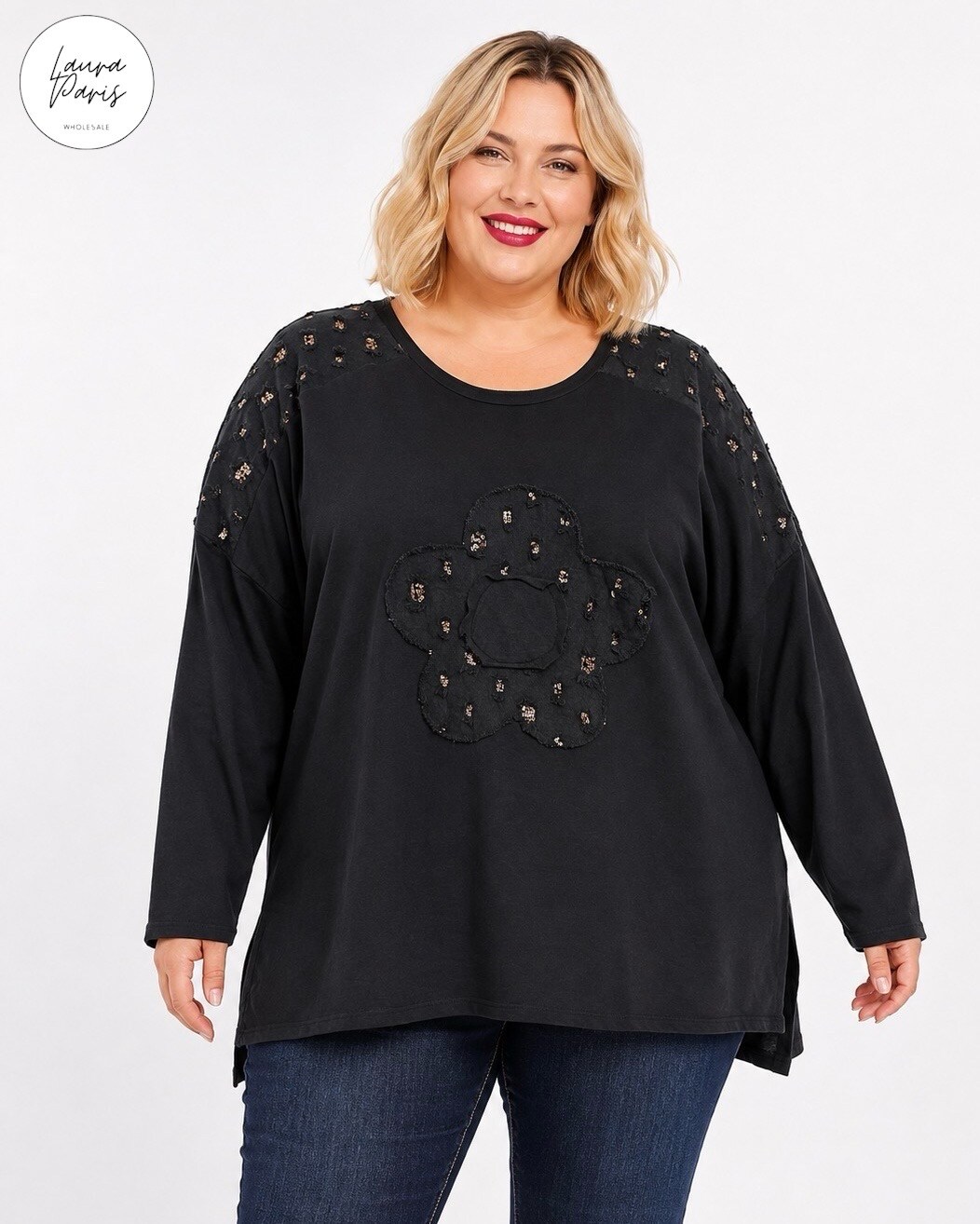 Wholesaler LAURA PARIS (MKL) - Floral/Strass Embroidered Sweatshirt Tunic (One Size)