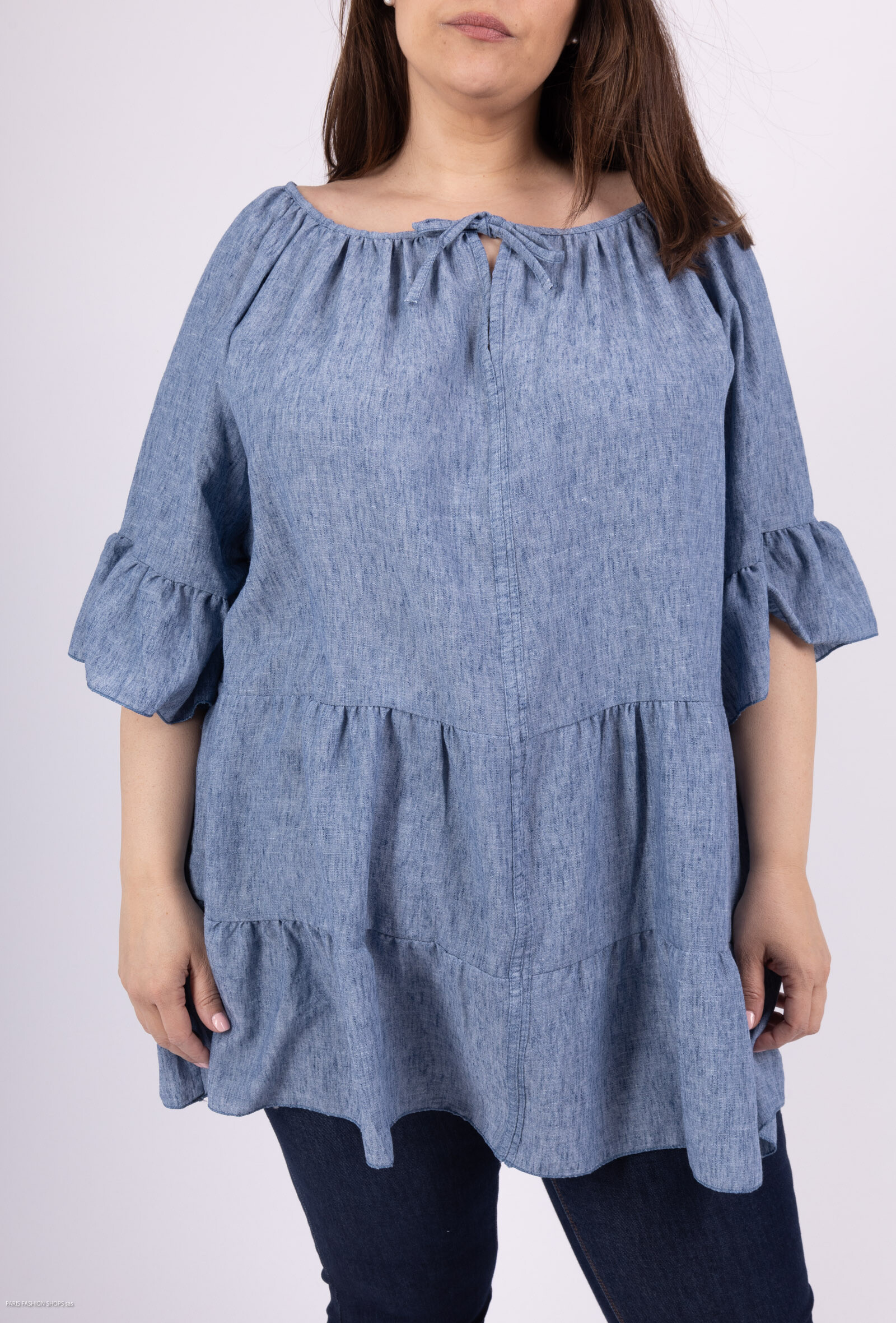 Wholesaler LAURA PARIS (MKL) - Linen-touch viscose babydoll long blouse with overlay effect