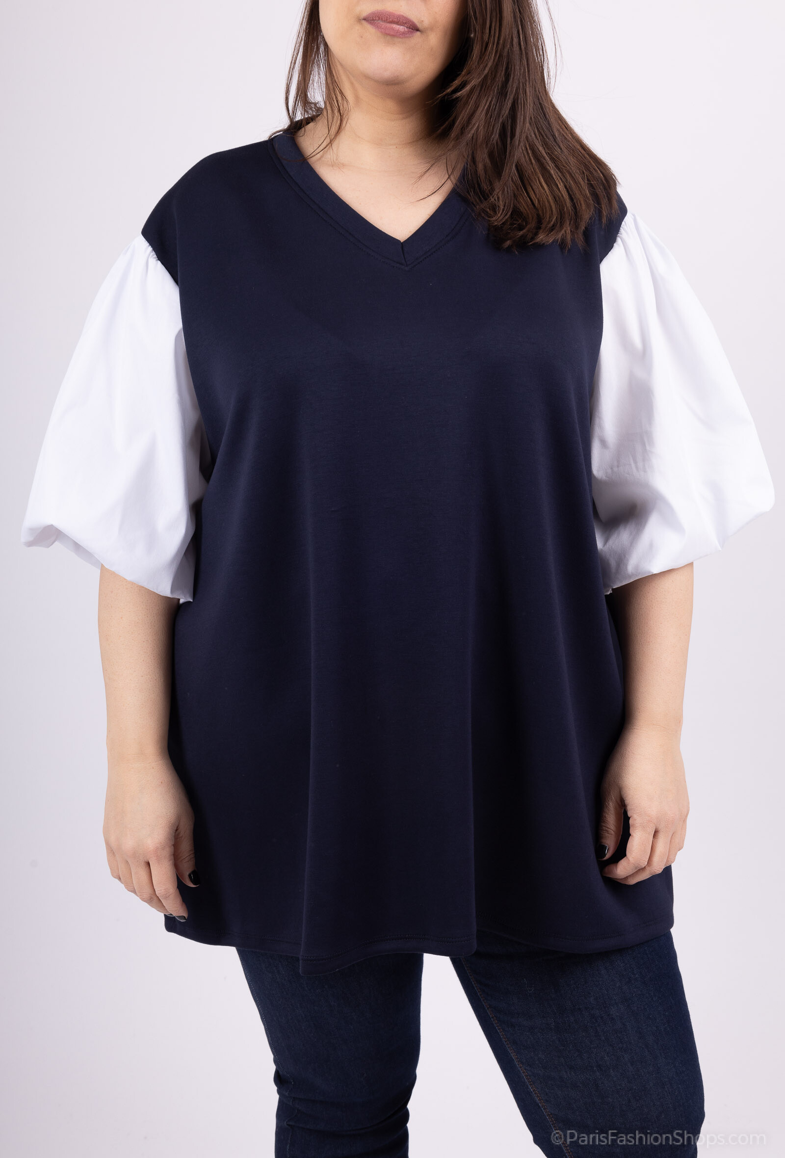 Wholesaler LAURA PARIS (MKL) - Two-tone/ bi-fabric V-neck tunic sweater