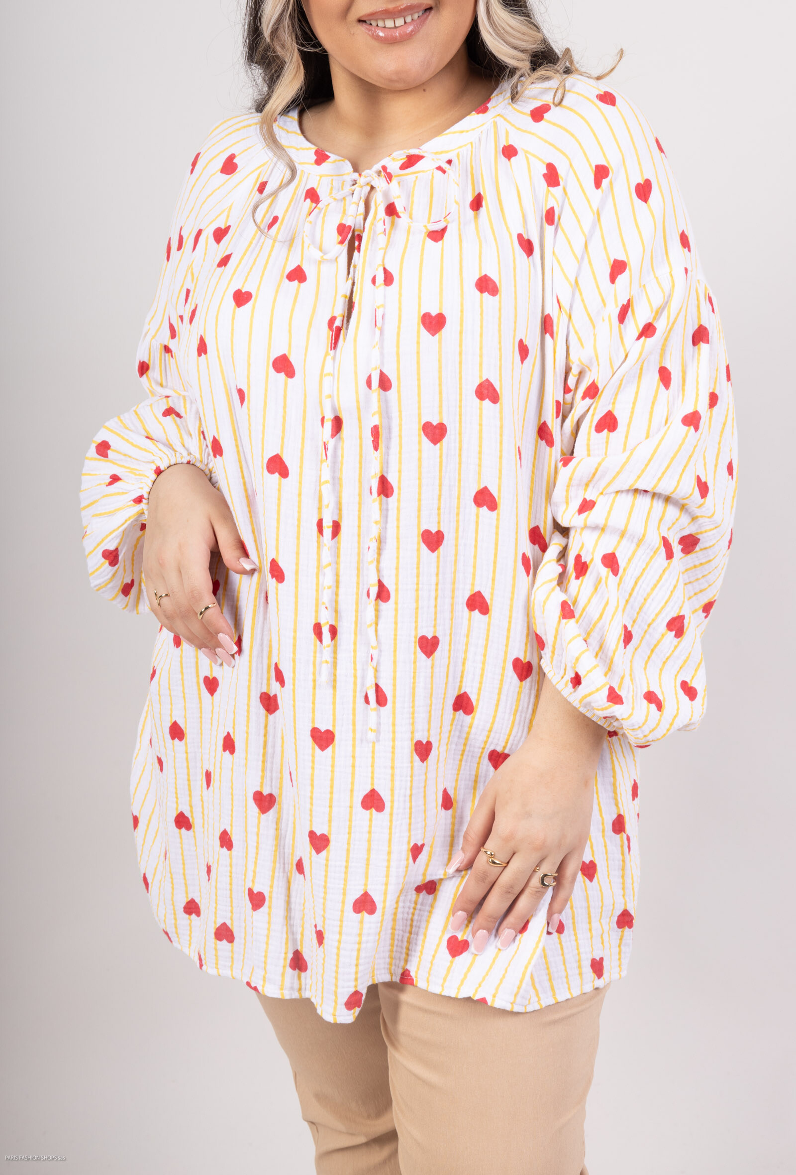 Grossiste LAURA PARIS (MKL) - Blouse à rayures et imprimé cœurs en gaze de coton