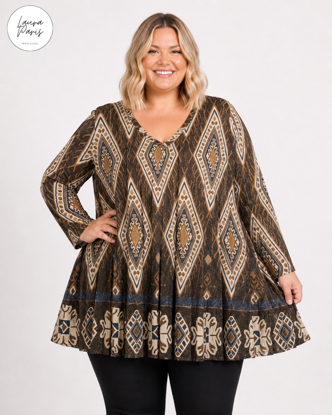 Wholesaler LAURA PARIS (MKL) - Long pleated printed lurex tunic (One Size)