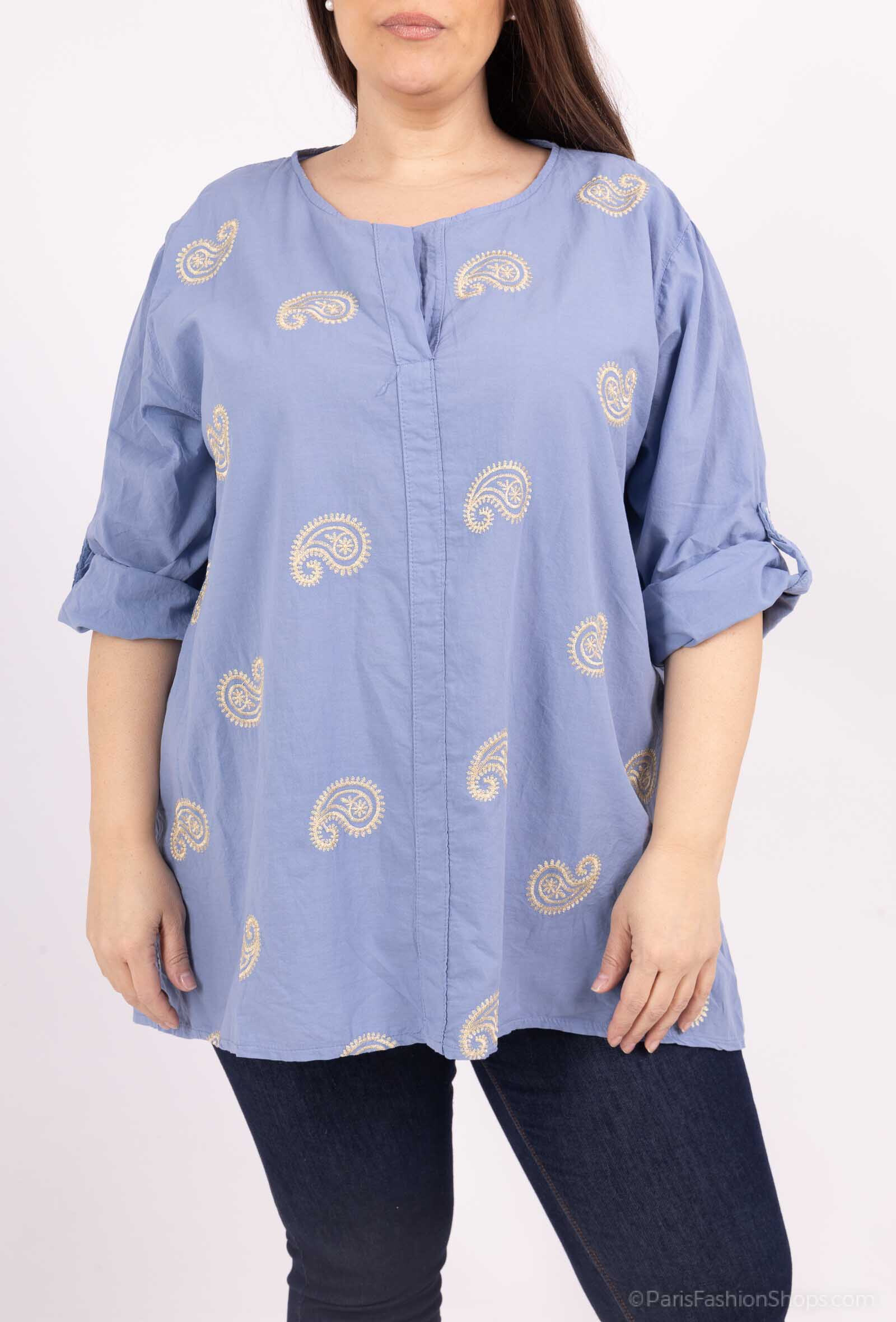 Wholesaler LAURA PARIS (MKL) - Cotton blouse with golden paisley embroideries