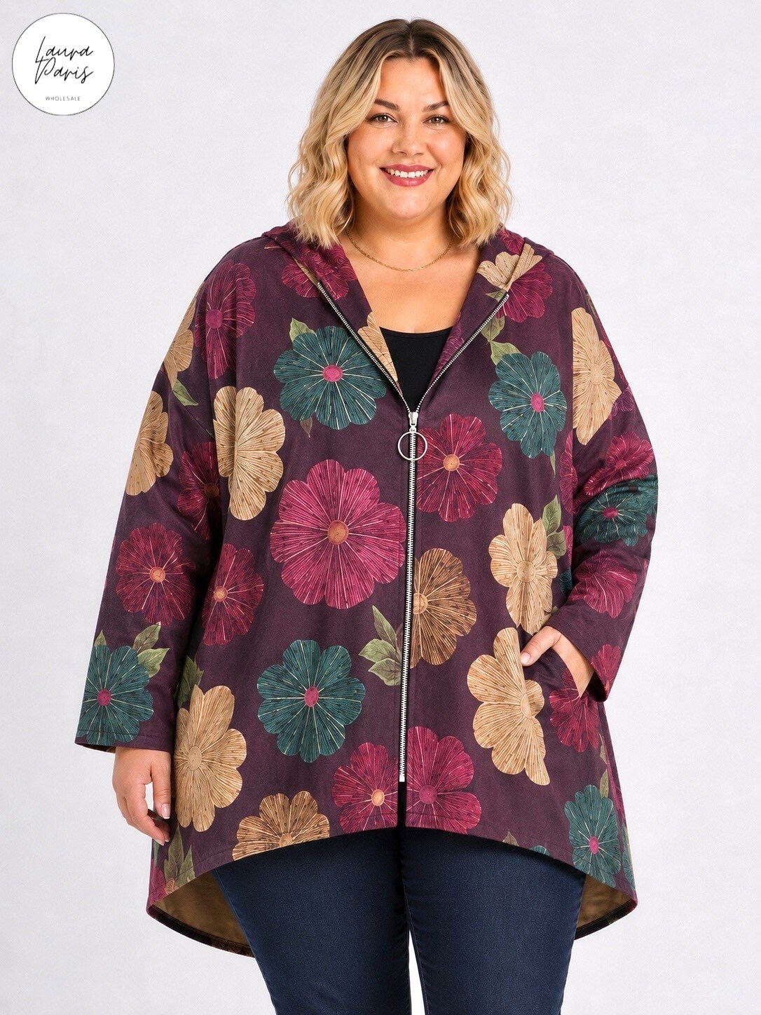 Wholesaler LAURA PARIS (MKL) - Floral print faux suede hooded vest (One Size)