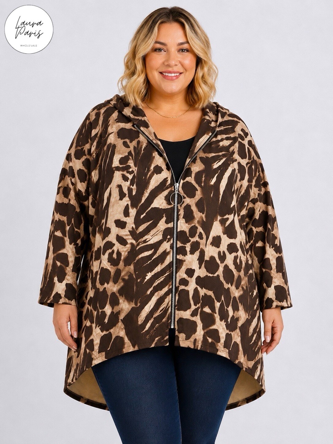 Wholesaler LAURA PARIS (MKL) - Animal print faux suede hooded vest (One Size)