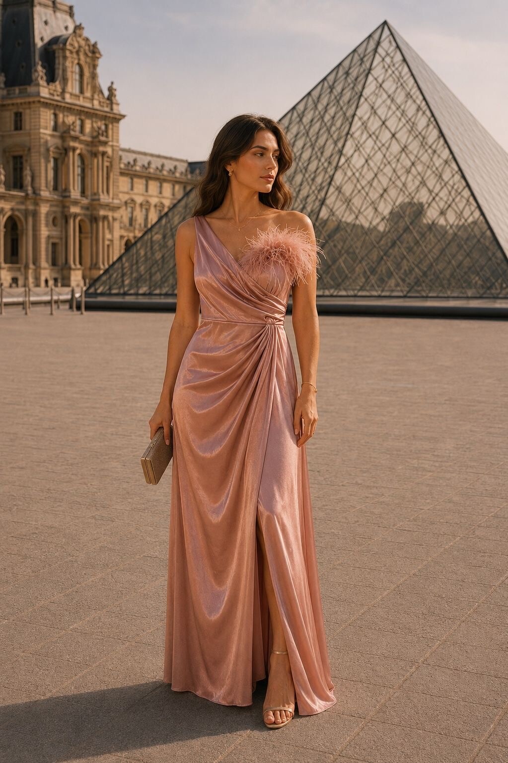 Grossiste Lautinel - Robe longue de soirée moulante  asymétrique à plumes