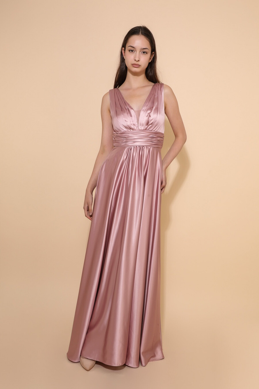 Grossiste Lautinel - Robe longue de soirée en satin à encolure en V