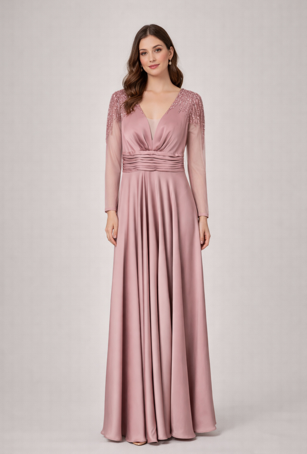 Grossiste Lautinel - Robe longue de soirée en satin manches longues transparentes col V épaule strass