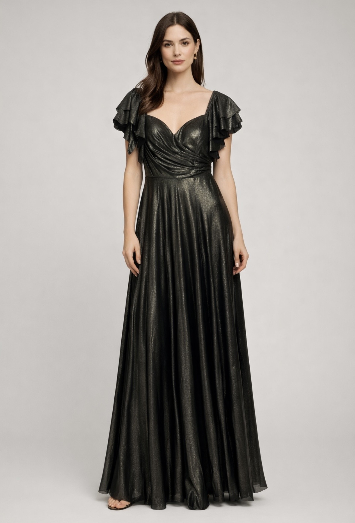 Grossiste Lautinel - Robe longue fluide avec décolleté en coeur et manches volantes aux reflets lumineux
