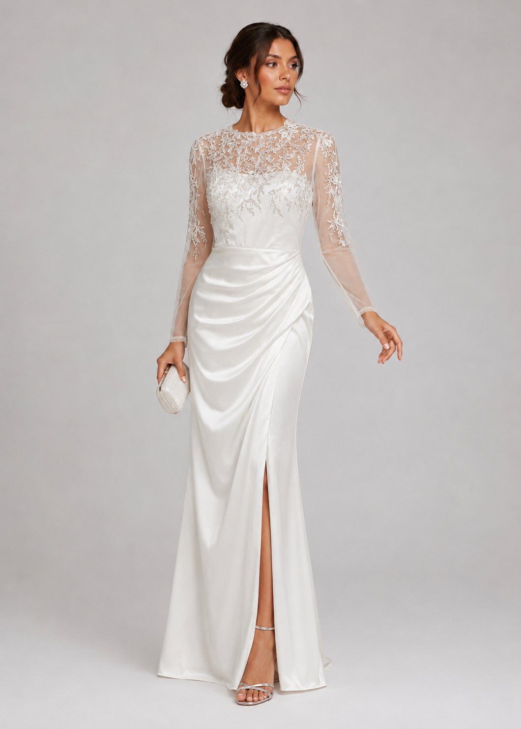 Grossiste Lautinel - Robe de soirée en satin avec haut dentelle transparent à manches longues