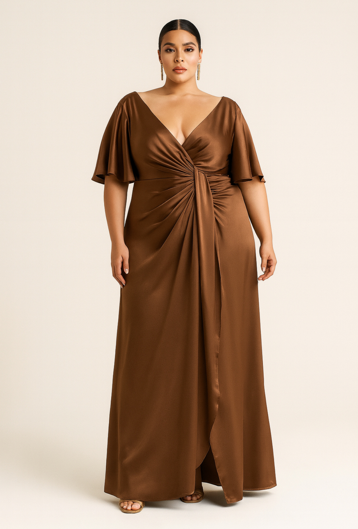 Grossiste Lautinel - Robe longue de soirée grande taille en satin avec manchette