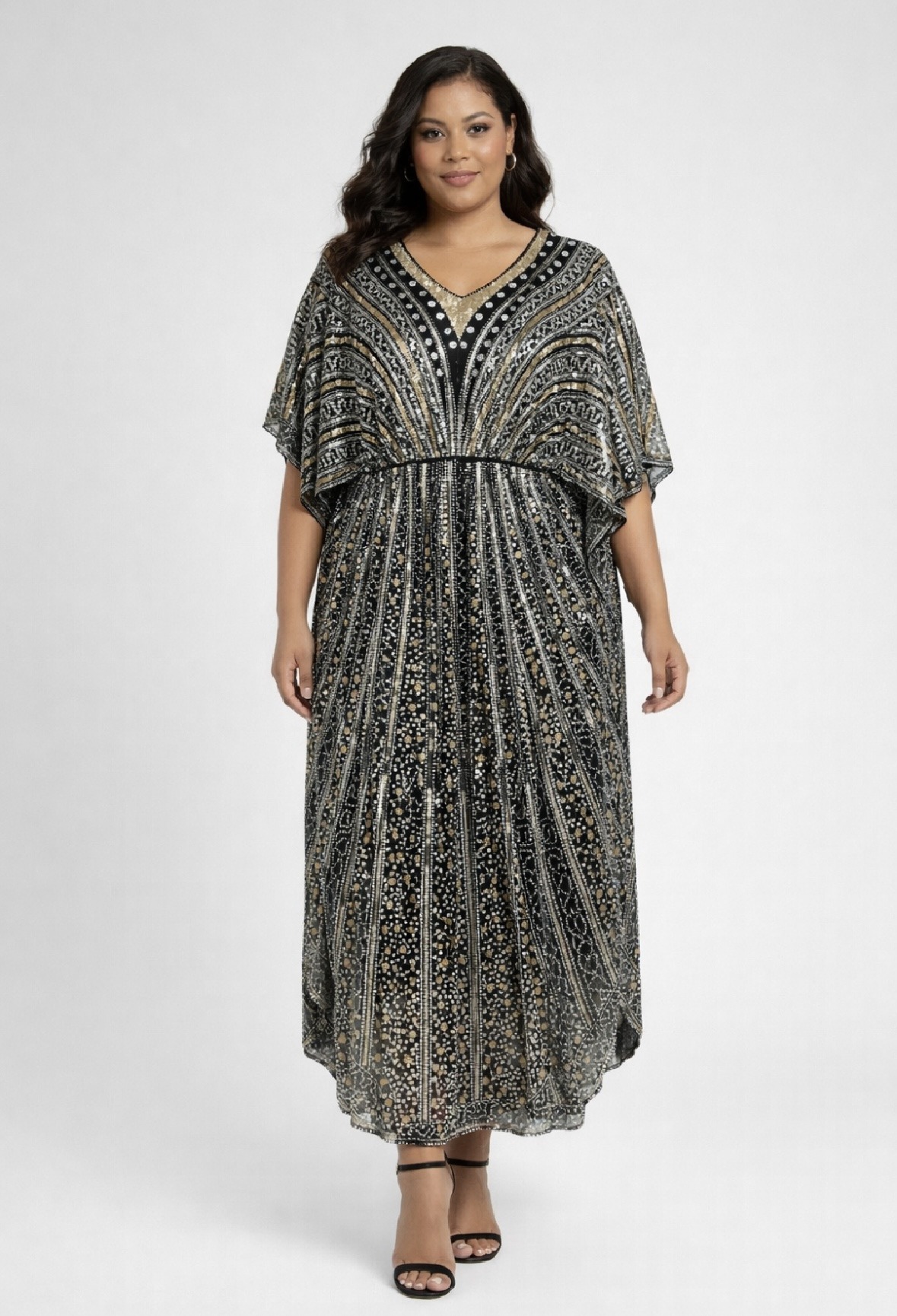 Grossiste Lautinel - Robe mi-longue de soirée ornée de motifs scintillants, décolleté V et manches