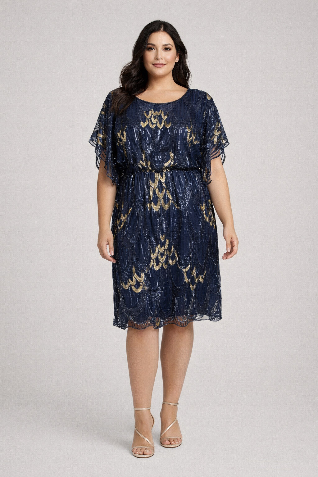 Wholesaler Lautinel - Mid-length evening dress with a round neck, sparkling sequins, and sleeves