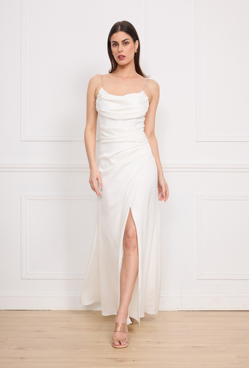Grossiste Lautinel - Robe longue de soirée sexy en satin avec col drapé et fente