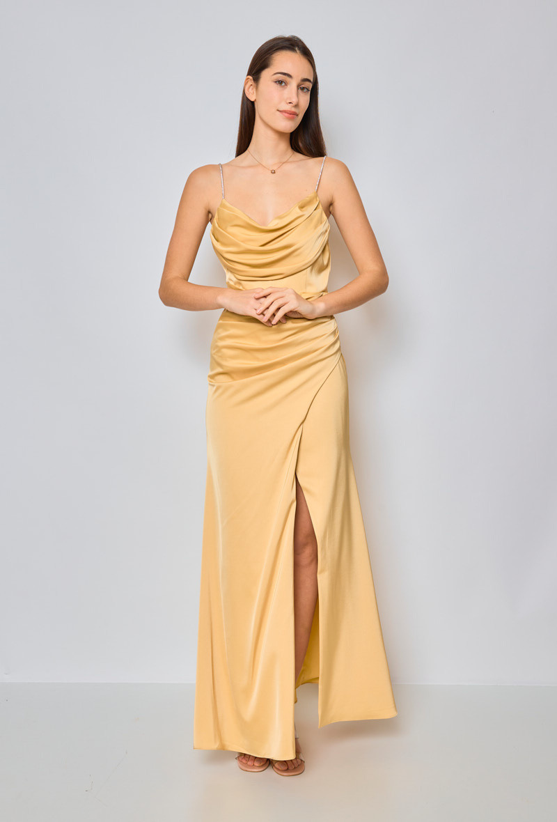 Grossiste Lautinel - Robe longue de soirée sexy en satin avec col drapé et fente