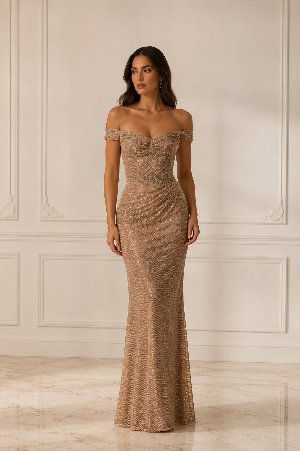 Grossiste Lautinel - Robe longue de soirée scintillante sirène, décolleté épaules dénudées