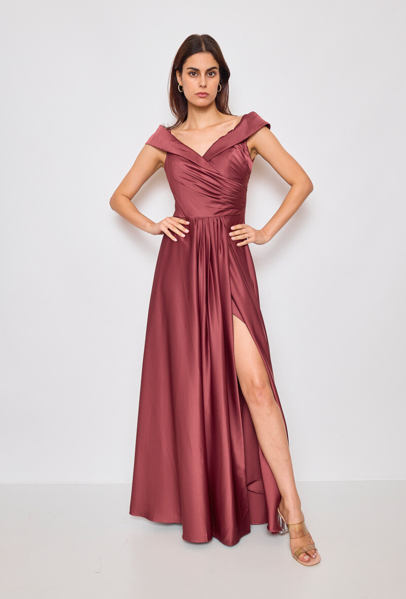Grossiste Lautinel - Robe longue de soirée en satin à col bateau