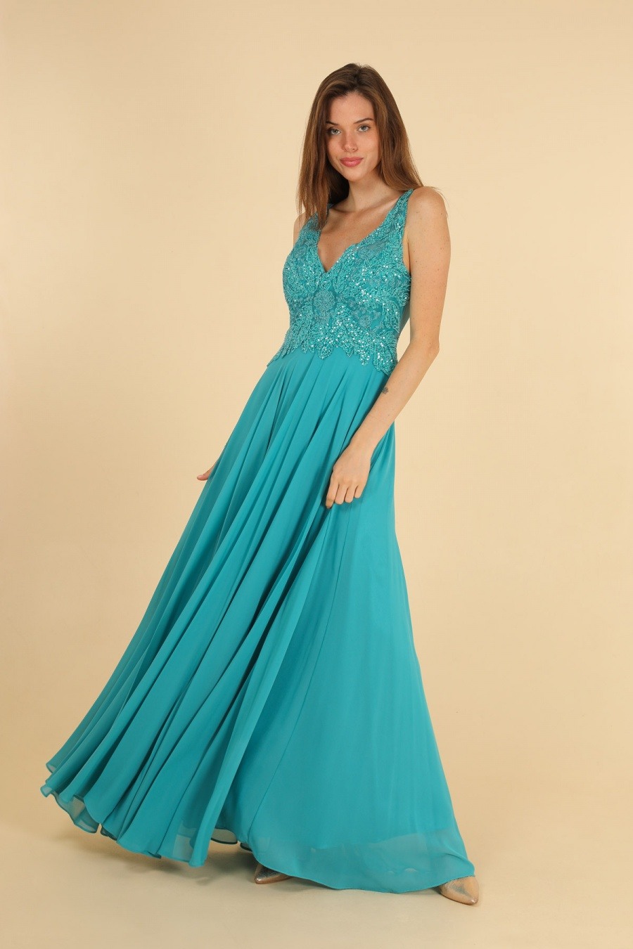 Grossiste Lautinel - Robe longue de soirée en mousseline fluide avec bustier perlé