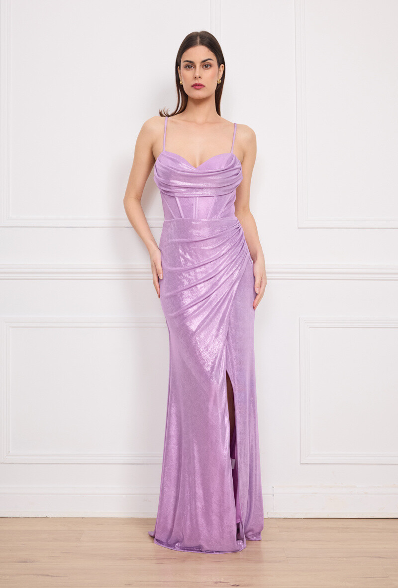 Grossiste Lautinel - Robe longue de soirée moulante à bretelle fine et fente