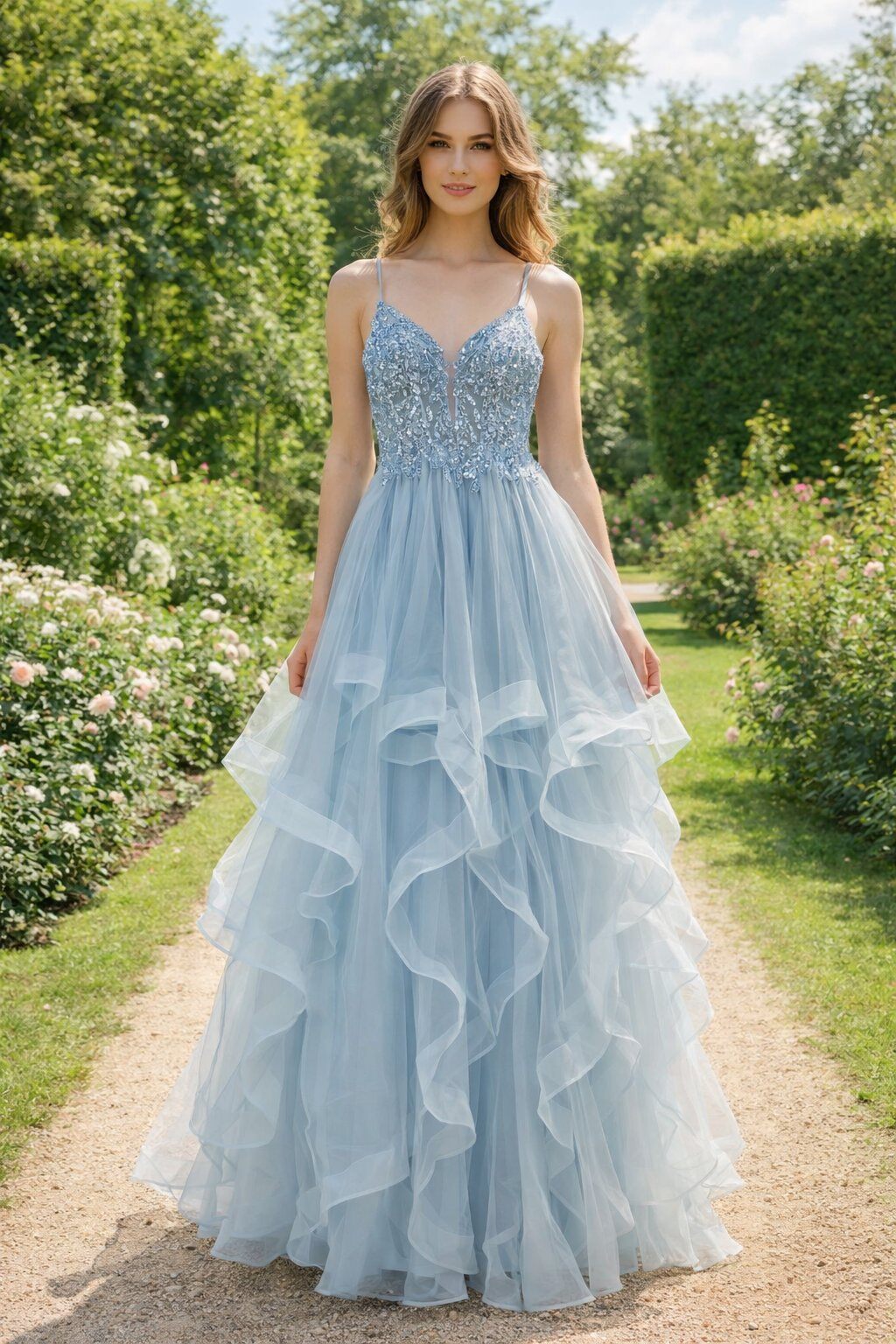 Grossiste Lautinel - Robe longue de soirée en tulle multicouche à bretelle fine