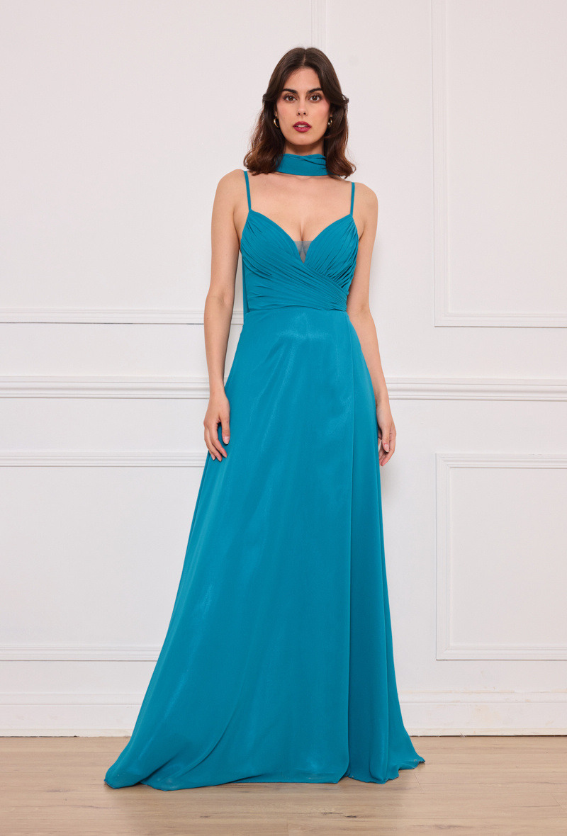 Grossiste Lautinel - Robe longue de soirée col V bretelle fine et châles fournis