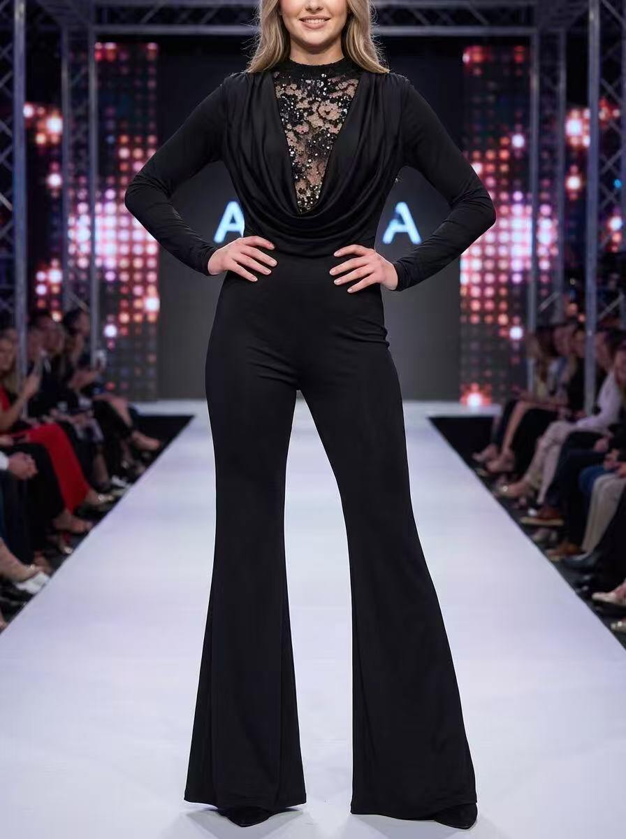 Wholesaler LAYLA - Elegant jumpsuit in double fabric, front opening in mesh and sequins