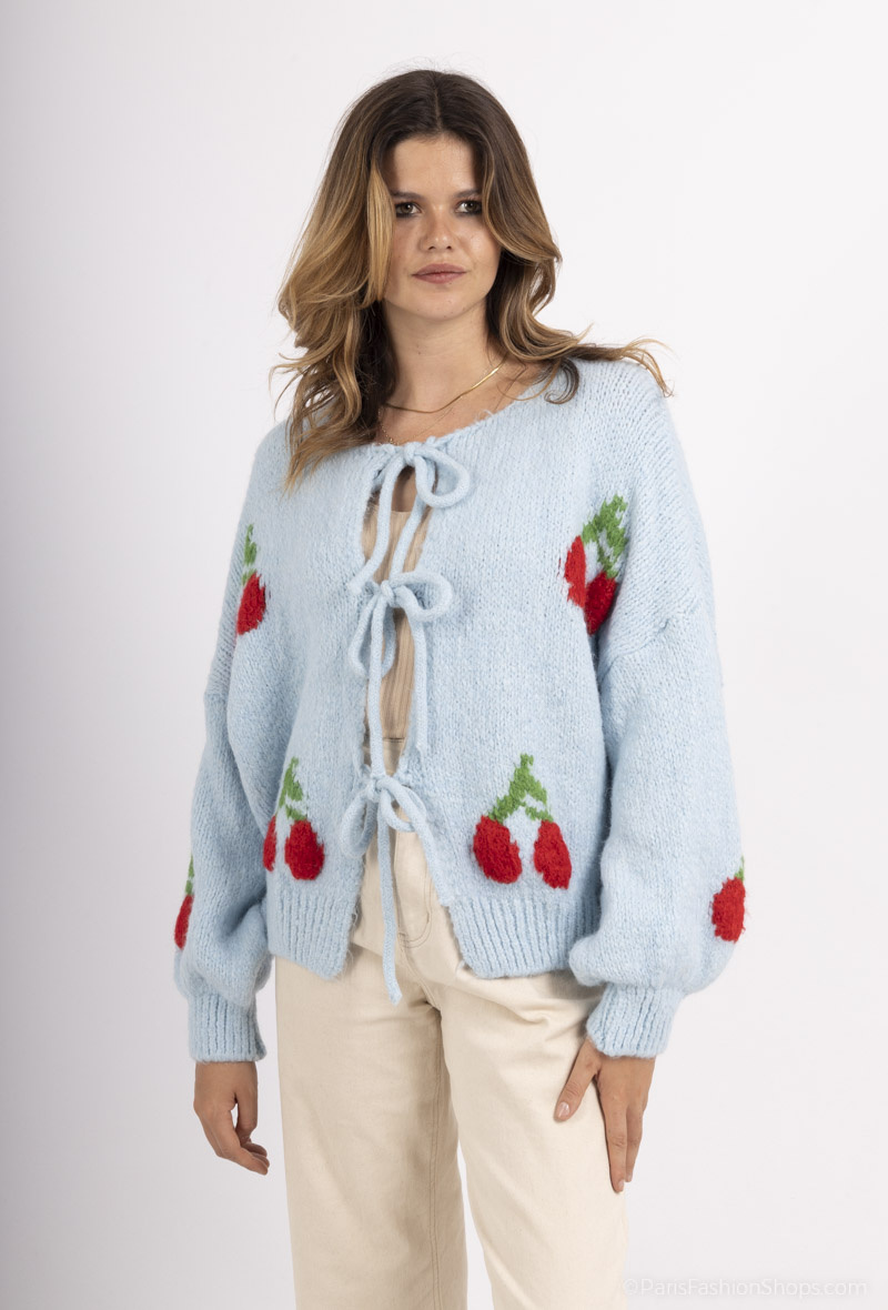 Grossiste Léa & Luc - Gilet cardigan motif cerise avec trois noeuds REF. 30751