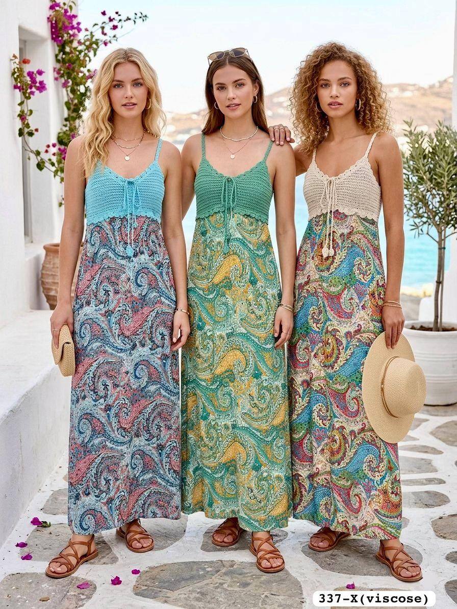 Großhändler Leana Mode - Langes Kleid mit gehäkeltem Oberteil aus Viskose