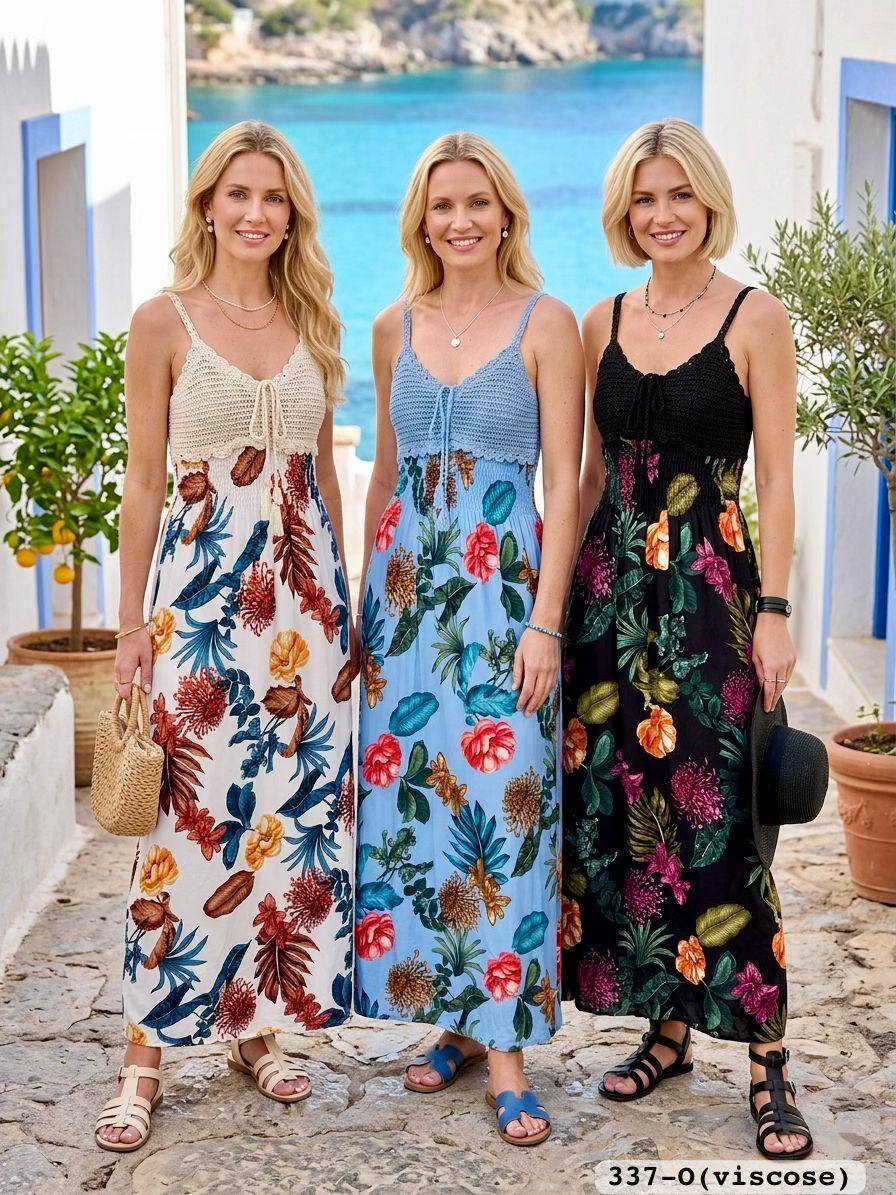 Großhändler Leana Mode - Langes Kleid mit gehäkeltem Oberteil aus Viskose