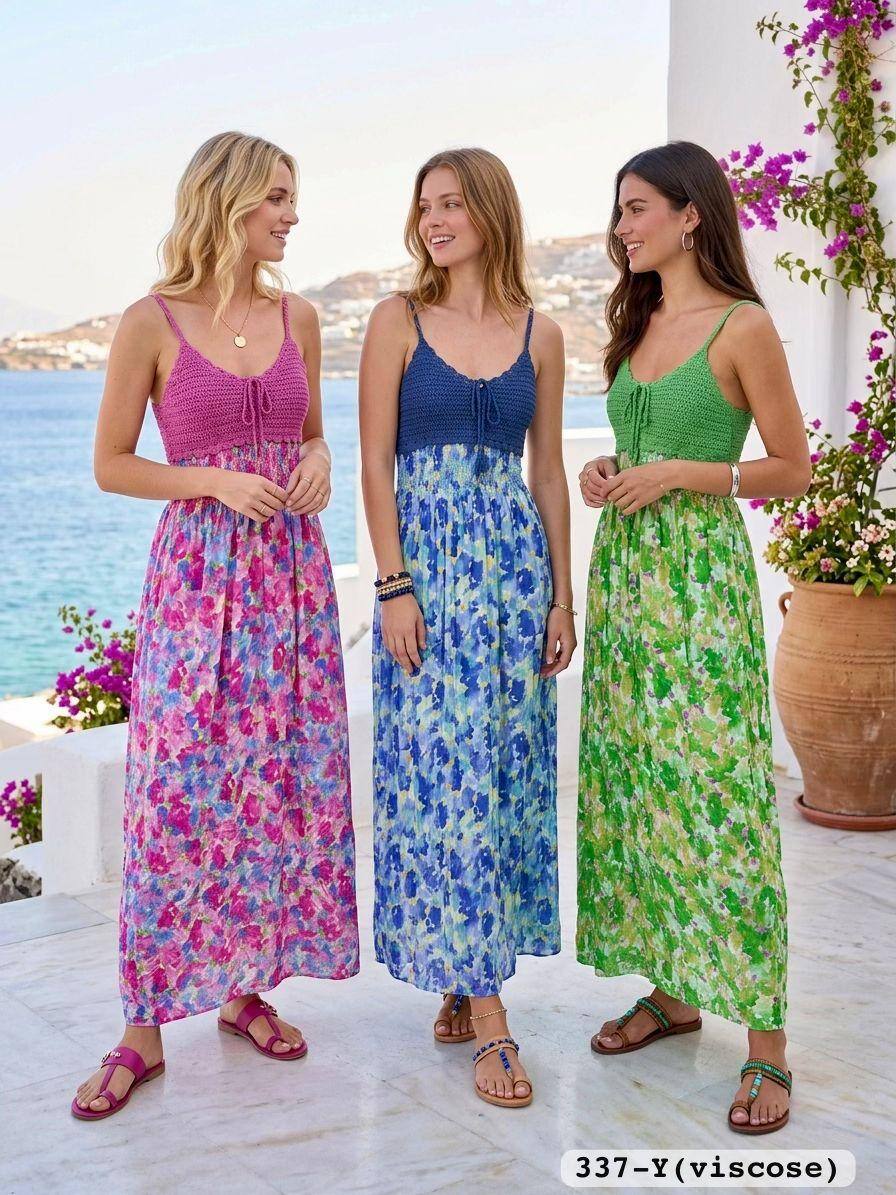 Großhändler Leana Mode - Langes Kleid mit gehäkeltem Oberteil aus Viskose