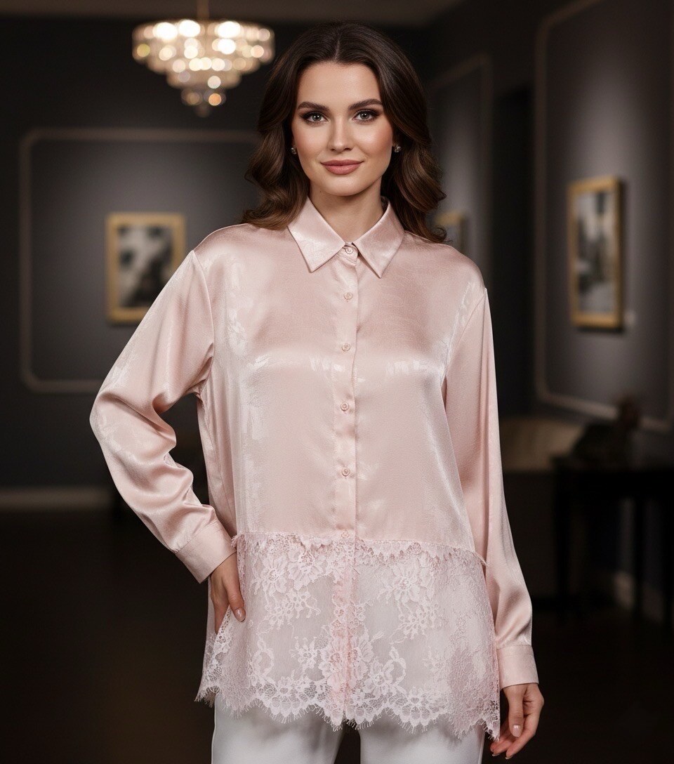 Elevate your wardrobe with this shirt featuring a romantic and refined style. Crafted from luxurious satin with a silky feel and ultra-soft pink hue. Slightly loose and oversized fit, very flattering, Premium satin with a fluid drape and subtle sheen. The hem of the shirt is adorned with stunning tone-on-tone floral lace, Long sleeves finished with satin cuffs. Front button closure with matching pearl buttons and a classic shirt collar for a chic look in any situation.
The model is wearing a size S/M