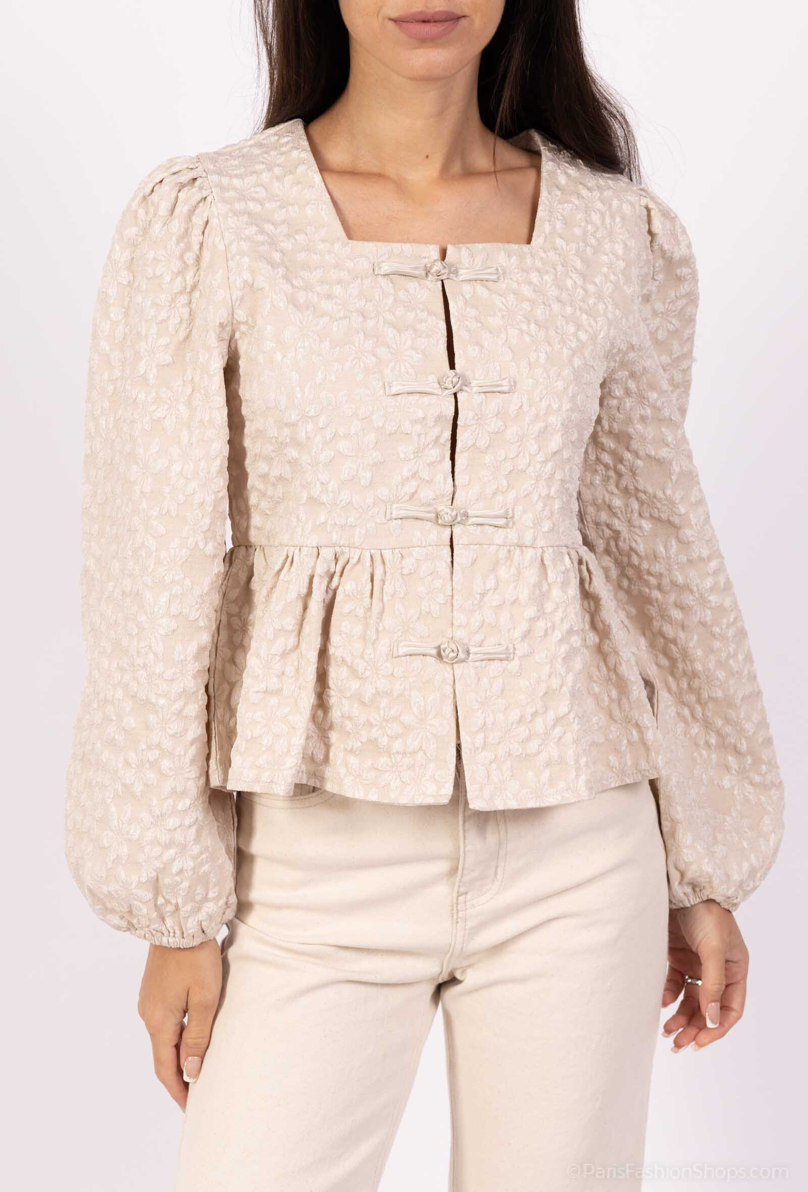 Add a touch of romance and refinement to your wardrobe with this feminine shirt with a flattering cut. This square-neck shirt features long puff sleeves and button closure with jewel buttons. Its fitted peplum cut enhances the silhouette. The model is 175cm tall and is wearing the size S. S/M= 36-40M ⁄ L= 38-42