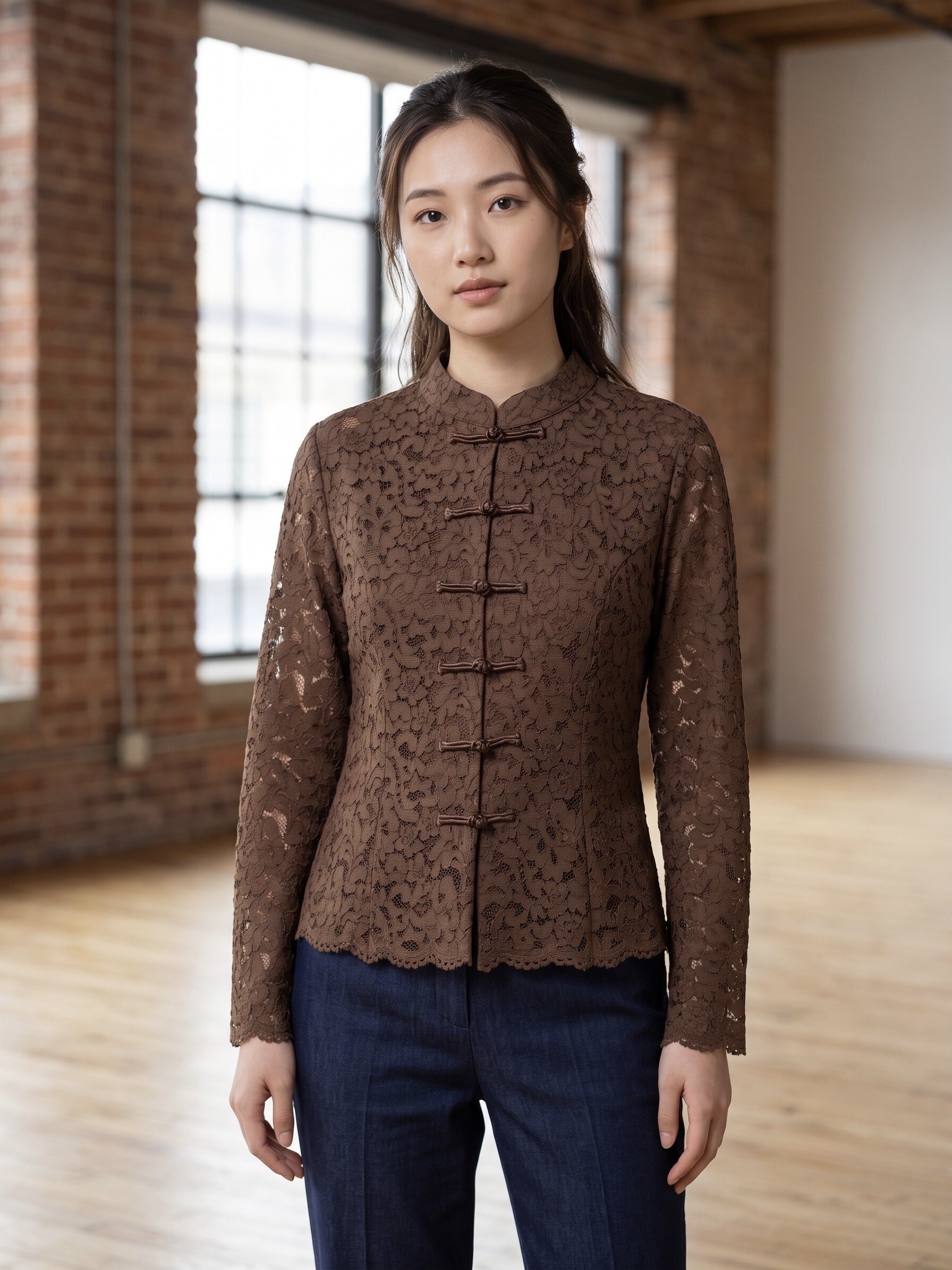 Mayorista Les Bonnes Copines - Blusa Elegante de Encaje en Color Café