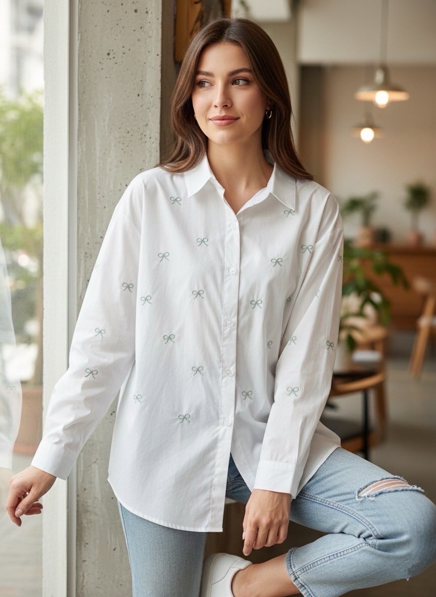 Apportez une touche de romantisme et de délicatesse à votre quotidien avec cette chemise blanche en popeline de coton ultra-douce ornée de petits nœuds vert brodés ton sur ton. Col chemise rigide et boutons blancs nacrés et Manches longues avec poignets boutonnés. Coupe oversized légèrement ample, ultra confortable et flatteuse.
La mannequin le modèle en taille S/M.