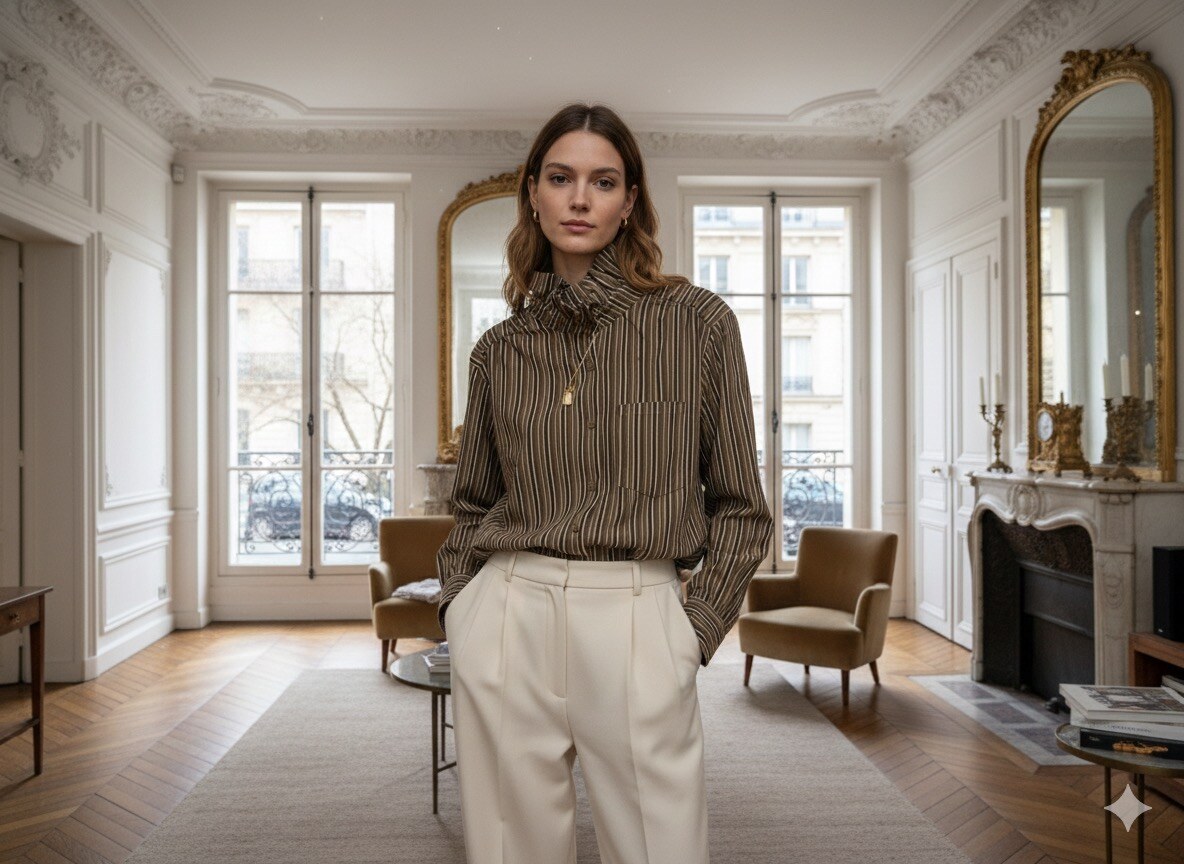 Add a touch of modern elegance to your wardrobe with this fine-striped shirt, enhanced by a delicately gathered high collar. Vertical stripes elongate the silhouette, with a straight and slightly loose fit. Discreet and functional chest pocket. Long sleeves with buttoned cuffs, front closure with mother-of-pearl buttons.
The model is wearing size S