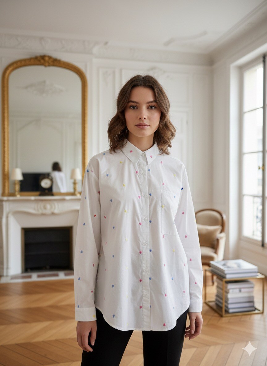 Apportez une touche de douceur et de fantaisie à votre garde-robe avec cette chemise blanche intemporelle revisitée par de délicates broderies en forme de petits cœurs multicolores. Son coupe légèrement oversize, ses manches longues terminées par des poignets boutonnés et Le col classique et la poche plaquée côté cœur ajoutent une note sophistiquée.
La mannequin le modèle en taille S/M