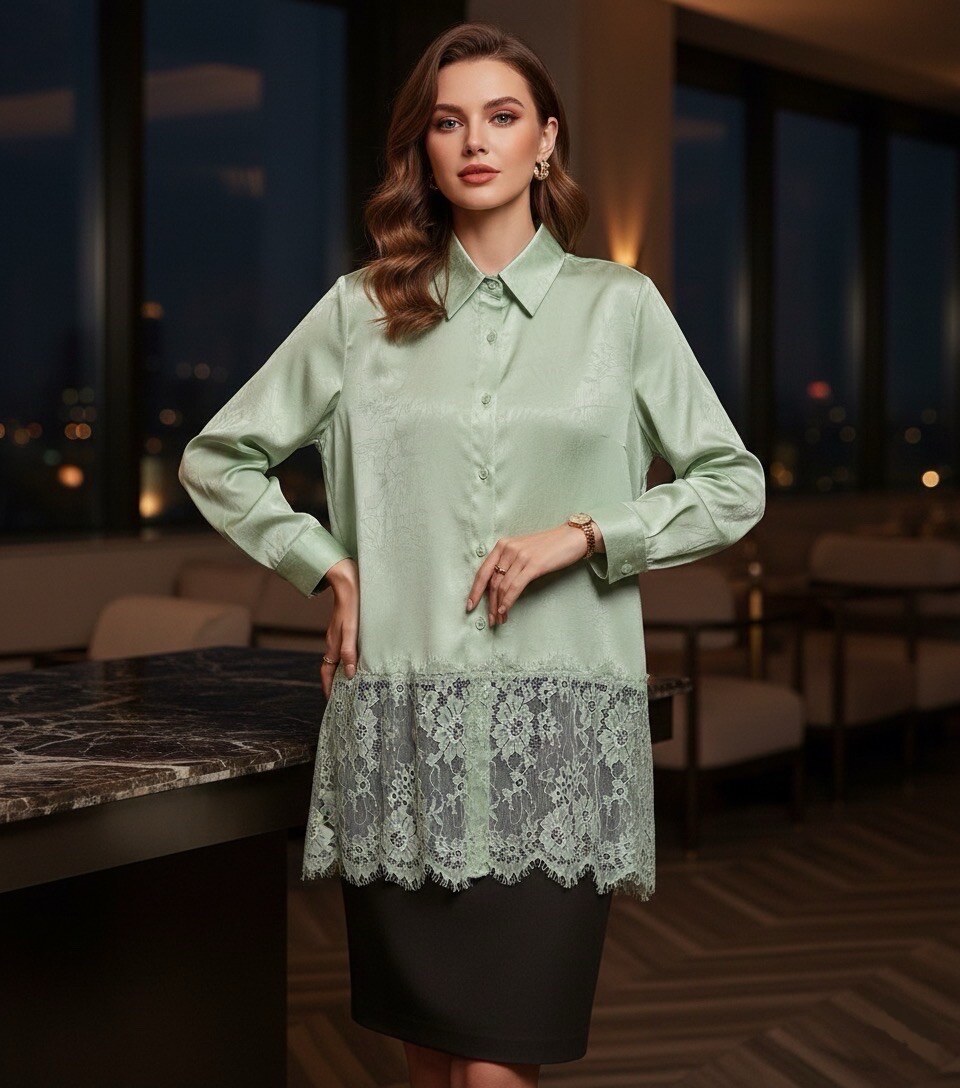 Elevate your wardrobe with this shirt featuring a romantic and refined style. Crafted from luxurious satin with a silky touch and ultra-soft almond green color. Slightly loose and oversized fit, very flattering, Premium satin with a fluid drape and subtle sheen. The bottom of the shirt is adorned with stunning tone-on-tone floral lace, Long sleeves finished with satin cuffs. Front button closure with matching pearl buttons and a classic shirt collar for a chic look in any situation. 
The model is wearing size S/M