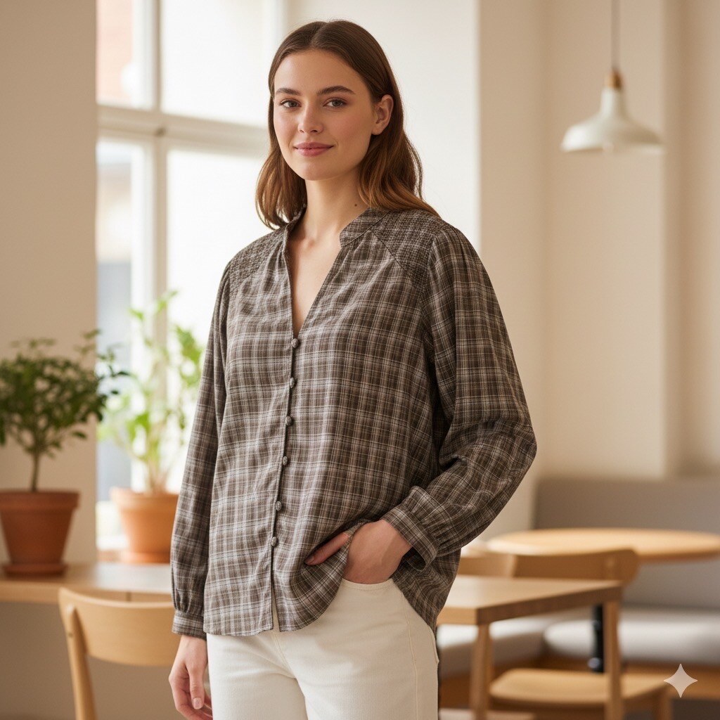 Découvrez cette chemise à carreaux ultra féminine qui allie douceur, légèreté et une touche rétro irrésistible. Col officier froncé avec smocks délicats sur les épaules et le dos pour un volume romantique. Boutonnage intégral sur l’avant avec petits boutons recouverts ton sur ton. Manches longues légèrement bouffantes, resserrées au poignet par un élastique froncé discret.Coupe ample et fluide qui flatte toutes les morphologies.
La mannequin le modèle en taille S/M