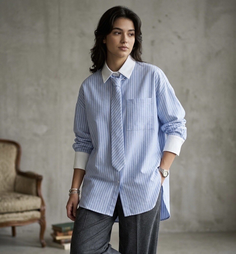 Grossiste Les Bonnes Copines - Chemise Oversize à Rayures avec Cravate Assortie
