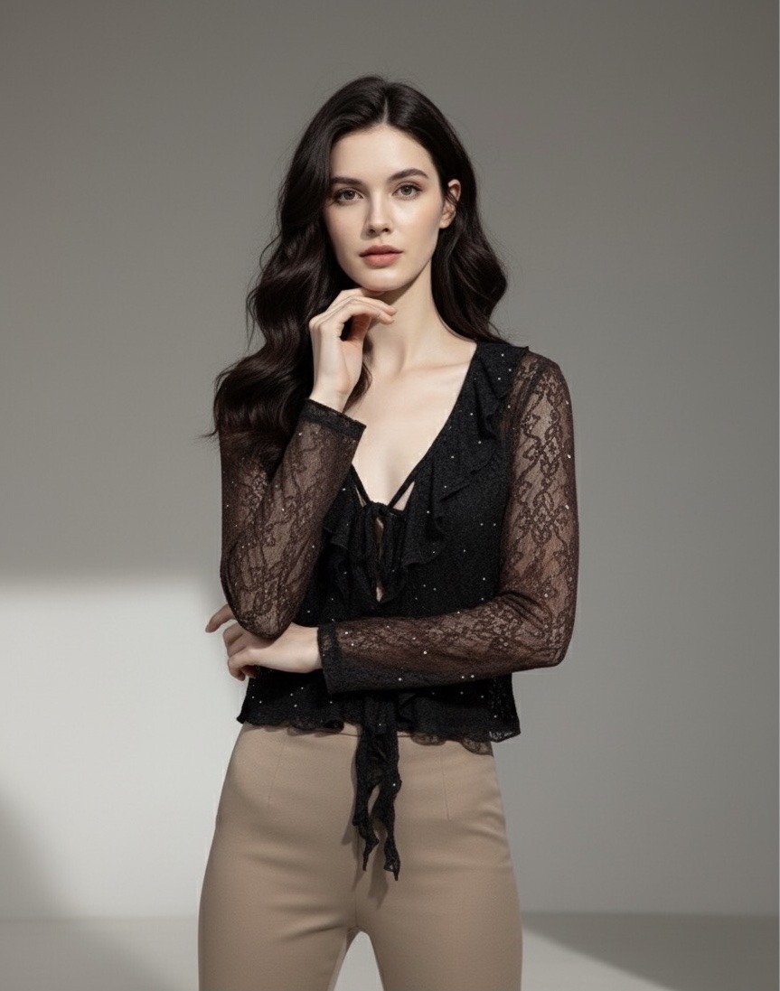 Grossiste Les Bonnes Copines - Gilet en dentelle noir à volants et strass
